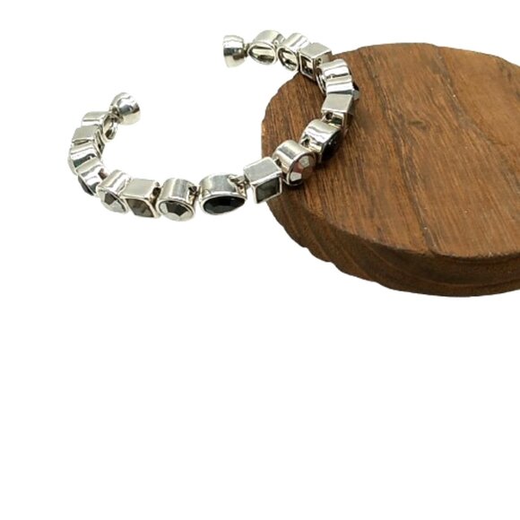 Bezel-set Faceted Crystal Stackable Silver-tone Bangle Bracelet Magnetic Clasp - Picture 7 of 15